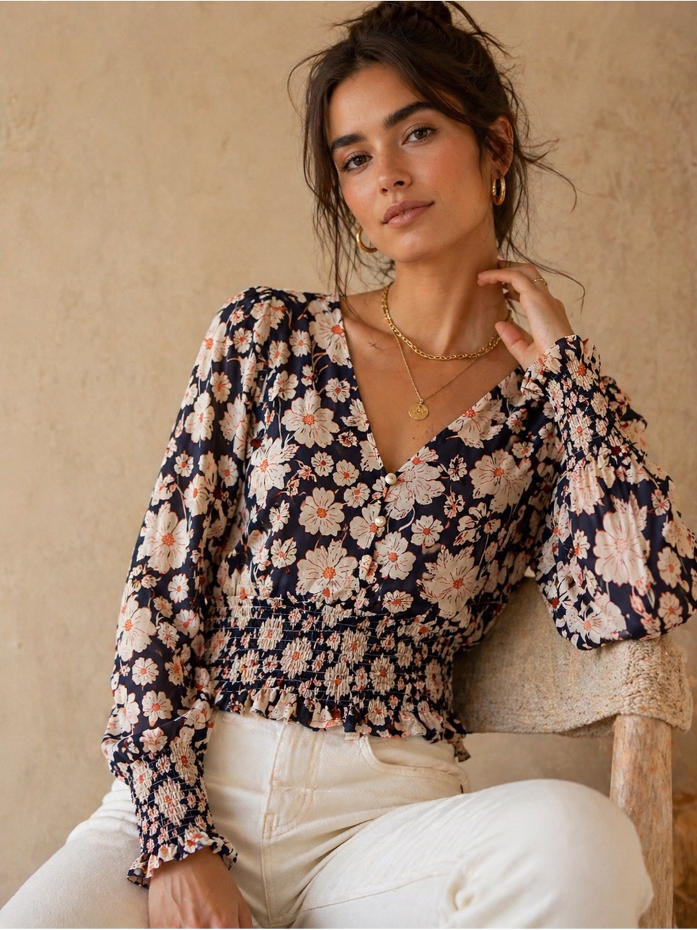 Anthro Style Floral Smocked Blouse S Romantic Cottagecore  Design Lab Top
